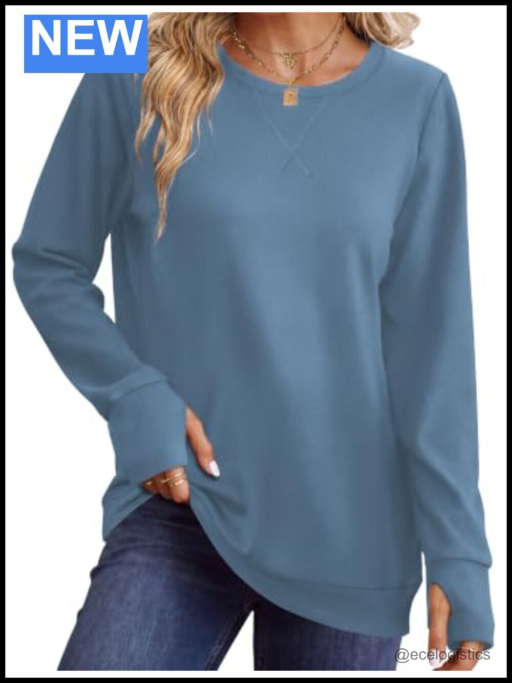 Womens Crewneck Sweatshirt Thumb Hole Long Sleeve Casual Pullover Lightweight